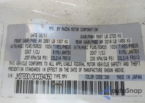 2012 Mazda Cx-9 Grand Touring from USA, damaged, VIN JM3TB3DV3C0334050